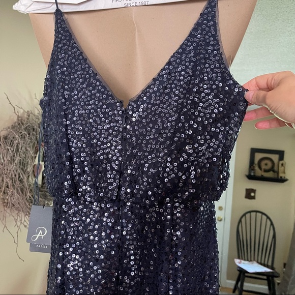 NWT Adrianna Papell Sequin Blouson dress gown in Midnight - Picture 7 of 8